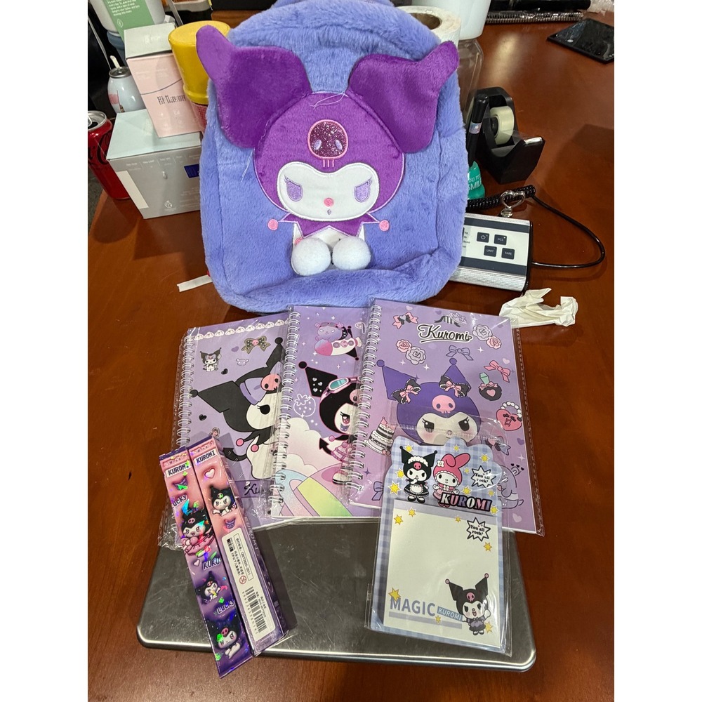 Sanrio Kuromi Plush Mini Backpack & Stationery Set Purple Notebooks Pens Bundle